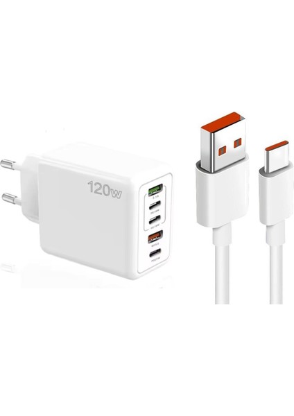 120W 3 Type-C + 2 Usba Toplam 5 Çıkışlı Ev Tipi Şarj Aleti Set 6A 100W Usba To Type-C 1metre Süper Hızlı Data ve Şarj Kablosu SR30