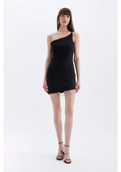 Bodycon Vücudu Saran Tek Omuzlu Kolsuz Mini Abiye Elbise D3272AXNS