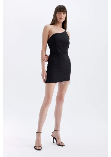 Bodycon Vücudu Saran Tek Omuzlu Kolsuz Mini Abiye Elbise D3272AXNS
