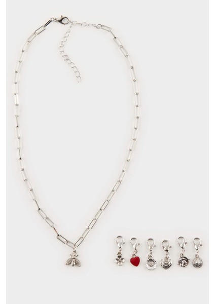 Kadın Silver Detaylı Değiştirilebilir Uçlu Charm Kolye E4475AXNS