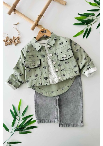 Fiyonk Baskılı Kot Ceketli Kız Çocuk 3 lü takım - Yeşil