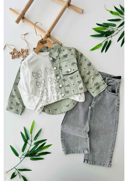 Fiyonk Baskılı Kot Ceketli Kız Çocuk 3 lü takım - Yeşil fiyatları