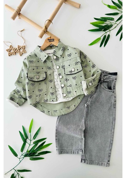 Fiyonk Baskılı Kot Ceketli Kız Çocuk 3 lü takım - Yeşil modelleri