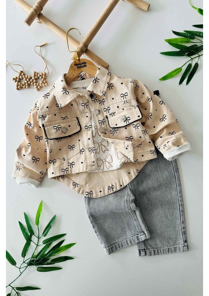 Fiyonk Baskılı Kot Ceketli Kız Çocuk 3 lü takım - Bej
