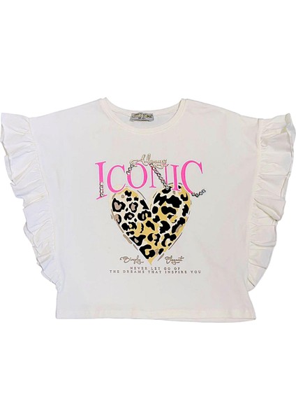 Kız Çocuk Leopar Kalp Taş Detaylı Tshirt