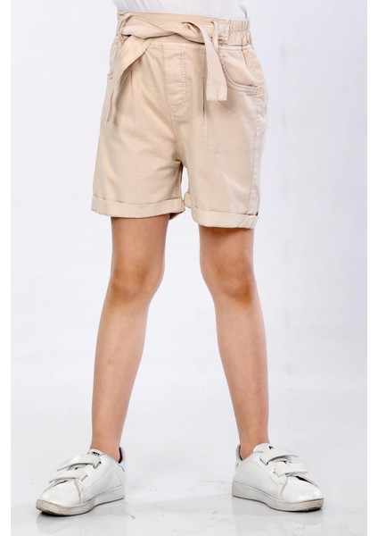 Gabardin Kumaş-%97 Pamuk-Lastikli-Kuşak Kemerli-Kız Çocuk Şortu