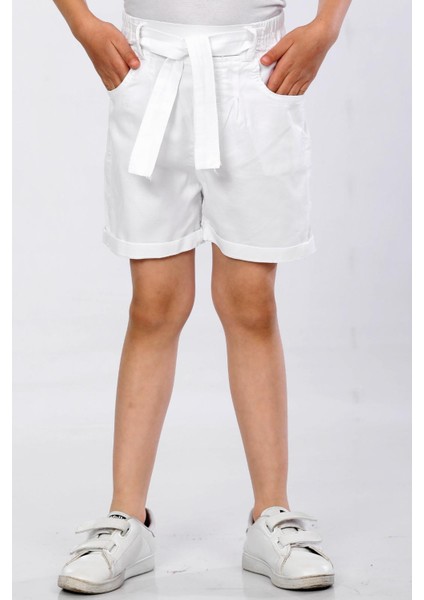 Gabardin Kumaş-%97 Pamuk-Lastikli-Kuşak Kemerli-Kız Çocuk Şortu