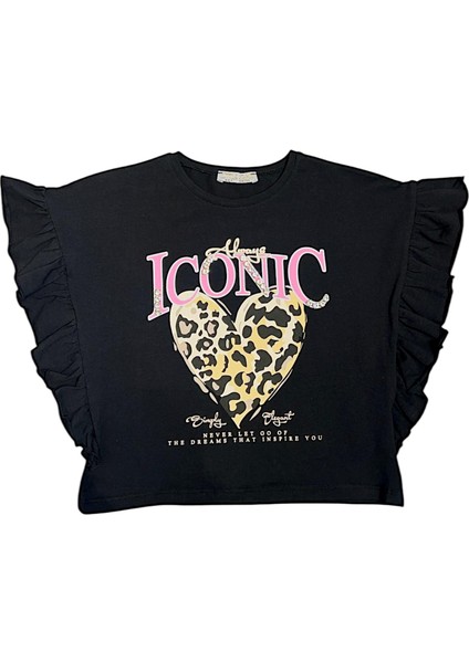 Kız Çocuk Leopar Kalp Taş Detaylı Tshirt