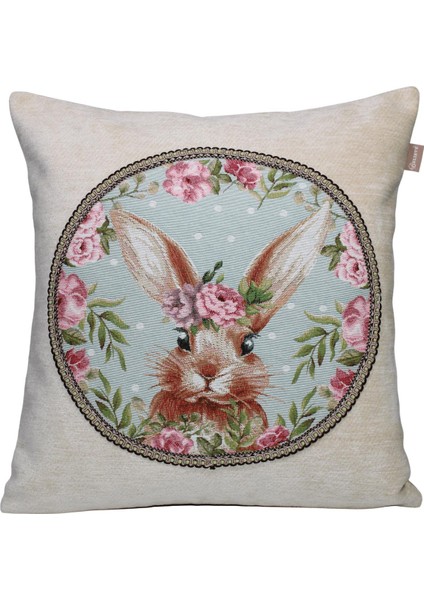 Belıeve Tavşanlı Jakarlı Dokuma Goblen Şönil Dekoratif Bej Kırlent 45*45