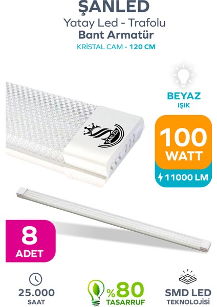 100W 120 Cm Kristal Yatay LED Bant Armatür-Trafolu Beyaz Işık