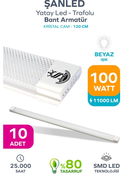 100W 120 Cm Kristal Yatay LED Bant Armatür-Trafolu Beyaz Işık