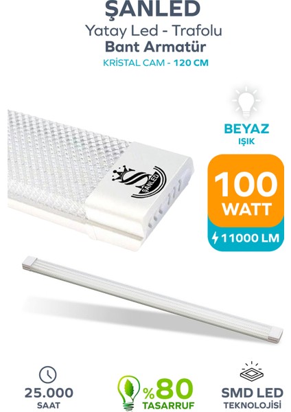 100W 120 Cm Kristal Yatay LED Bant Armatür-Trafolu Beyaz Işık