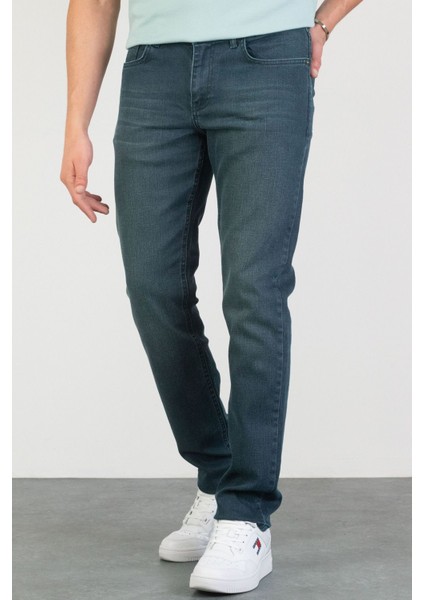 Erkek Robert Petrol Yeşili Taşlamalı Slim Fit Likralı Jean Kot Pantolon Dunkelgrün 40/32