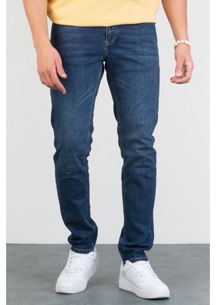 Erkek Bruce Koyu Mavi Taşlamalı Slim Fit Likralı Jean Kot Pantolon Dunkelblau 38/30