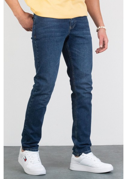 Erkek Bruce Koyu Mavi Taşlamalı Slim Fit Likralı Jean Kot Pantolon Dunkelblau 38/30