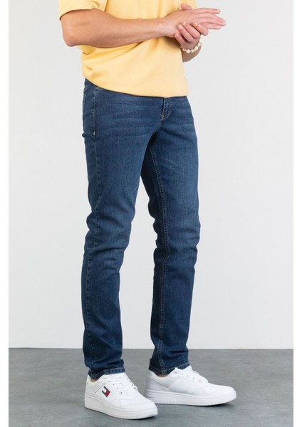 Erkek Bruce Koyu Mavi Taşlamalı Slim Fit Likralı Jean Kot Pantolon Dunkelblau 38/30
