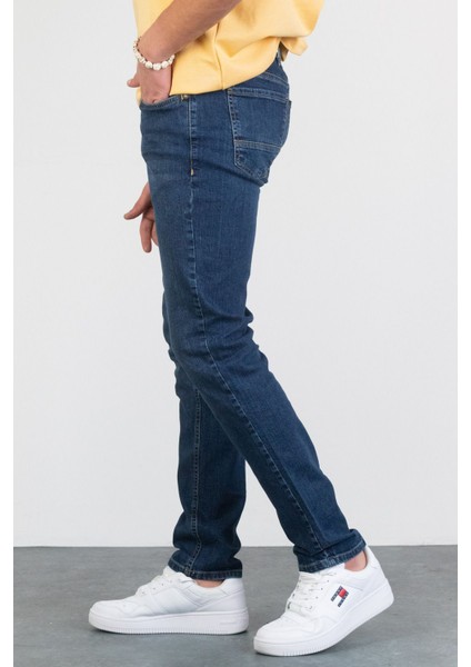 Erkek Bruce Koyu Mavi Taşlamalı Slim Fit Likralı Jean Kot Pantolon Dunkelblau 38/30