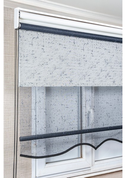 çift mekanizmalı çizgili antrasit tül ve stor güneşlik perdeler