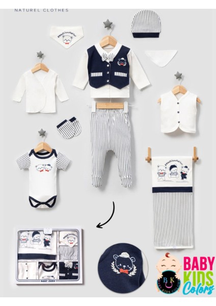 Kutulu - Erkek Yenidoğan Kıyafetleri 10'lu Hastane Çıkış Setleri Papyonlu Ayıcık Nakışlı Pamuk