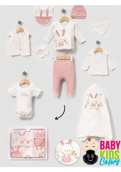 Kutulu-Tavşan Yenidoğan Kıyafetleri 10'lu Hastane Çıkış Setleri Nakışlı %100 Pamuk Zıbın Set