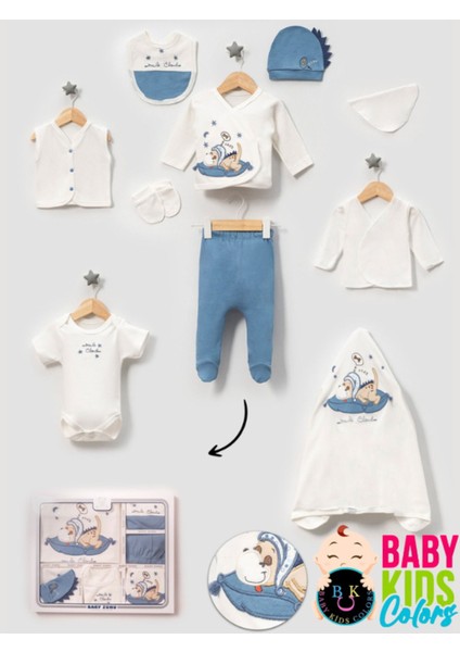 Kutulu - Erkek Yenidoğan Kıyafetleri 10'lu Hastane Çıkış Setleri Sevimli Köpek Nakışlı Pamuk