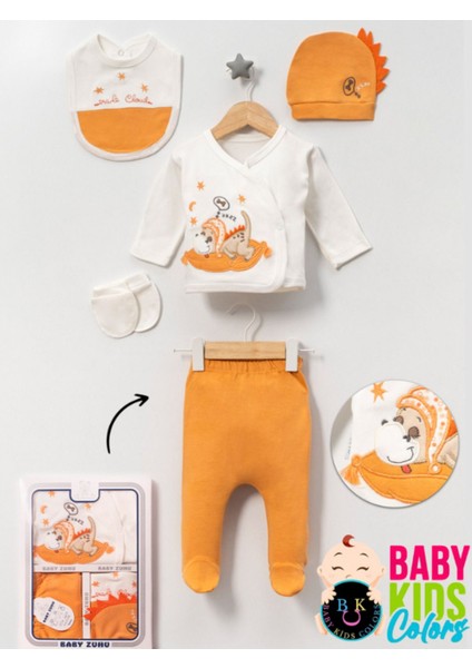 Kutulu - Erkek Yenidoğan Kıyafetleri 5'li Hastane Çıkış Setleri Sevimli Köpek Nakışlı Pamuk