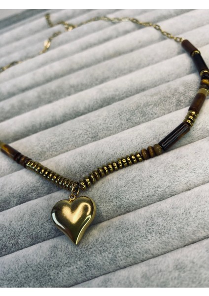 Kalp Detaylı Kahverengi Çelik Kolye modelleri