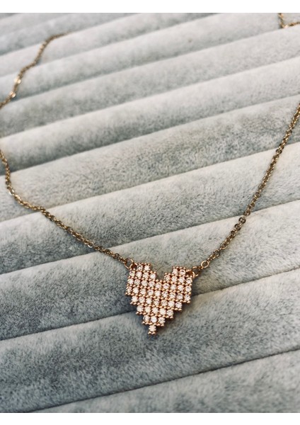 Çelik Pixel Kalp Kolye Rose Gold