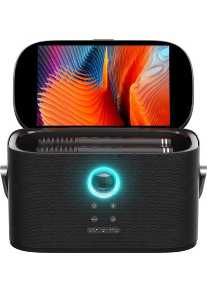 Partybox Shell S2 140W Karaoke Bluetooth Hoparlör Seti, 8" Dahili Tablet, 2 Kablosuz Mikrofon, RGB Işıklı Taşınabilir Ses Bombası, Siyah