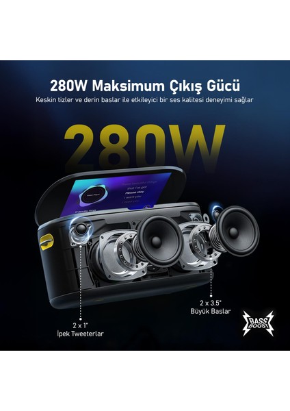 Partybox Shell S2 140W Karaoke Bluetooth Hoparlör Seti, 8" Dahili Tablet, 2 Kablosuz Mikrofon, RGB Işıklı Taşınabilir Ses Bombası, Siyah modelleri