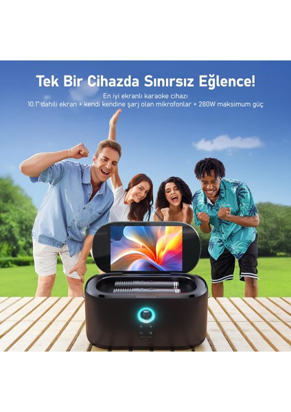 Partybox Shell S2 140W Karaoke Bluetooth Hoparlör Seti, 8" Dahili Tablet, 2 Kablosuz Mikrofon, RGB Işıklı Taşınabilir Ses Bombası, Siyah fırsatları