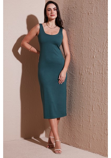 Slim Fit Kalın Askılı Midi Elbise Bayan Elbise 5866154