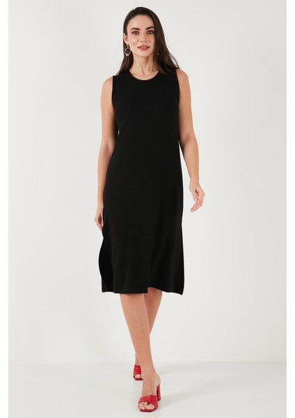 Regular Fit Bisiklet Yaka Yırtmaç Detaylı Basic Midi Elbise Bayan Elbise 5866160