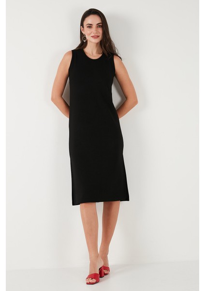 Regular Fit Bisiklet Yaka Yırtmaç Detaylı Basic Midi Elbise Bayan Elbise 5866160
