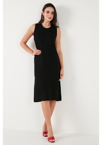 Regular Fit Bisiklet Yaka Yırtmaç Detaylı Basic Midi Elbise Bayan Elbise 5866160