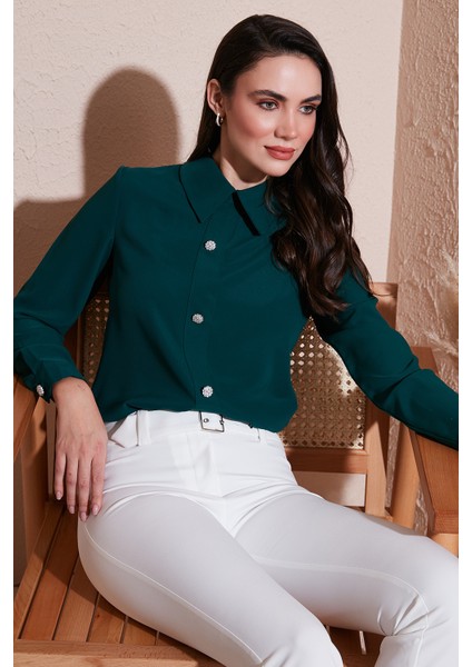 Taşlı Regular Fit Gömlek Yaka Fermuarlı Bluz Bayan Bluz 611BZ0493