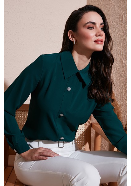 Taşlı Regular Fit Gömlek Yaka Fermuarlı Bluz Bayan Bluz 611BZ0493