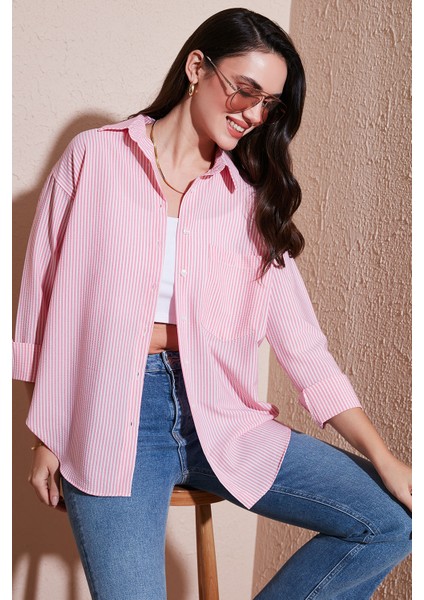 Regular Fit Uzun Kollu Cepli Çizgili Gömlek Kadın Gömlek 6772895