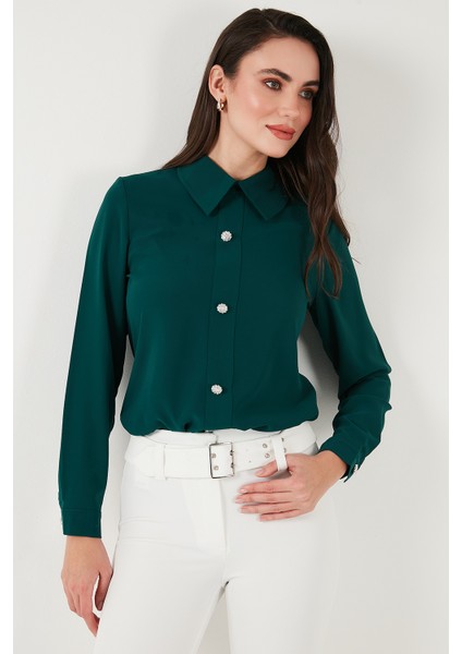 Taşlı Regular Fit Gömlek Yaka Fermuarlı Bluz Bayan Bluz 611BZ0493