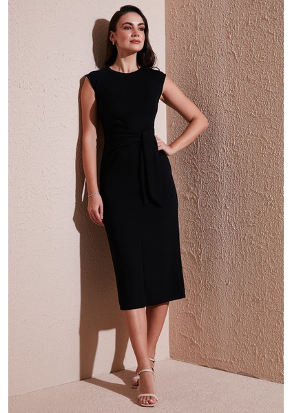 Slim Fit Bisiklet Yaka Bağlama Detaylı Midi Elbise Bayan Elbise 5866164