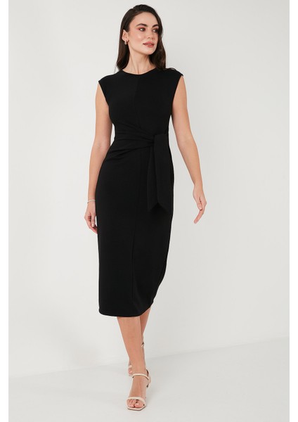 Slim Fit Bisiklet Yaka Bağlama Detaylı Midi Elbise Bayan Elbise 5866164