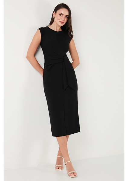Slim Fit Bisiklet Yaka Bağlama Detaylı Midi Elbise Bayan Elbise 5866164