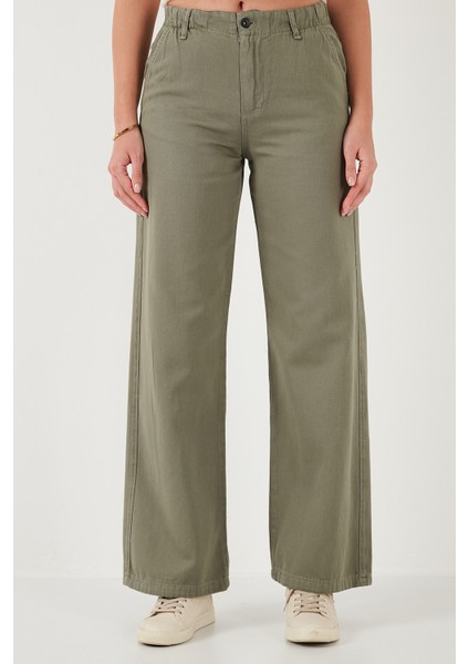 Pamuklu Standart Fit Yüksek Bel Geniş Paça Pantolon Bayan Pantolon 668YP5344