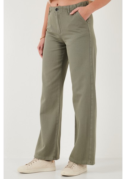 Pamuklu Standart Fit Yüksek Bel Geniş Paça Pantolon Bayan Pantolon 668YP5344