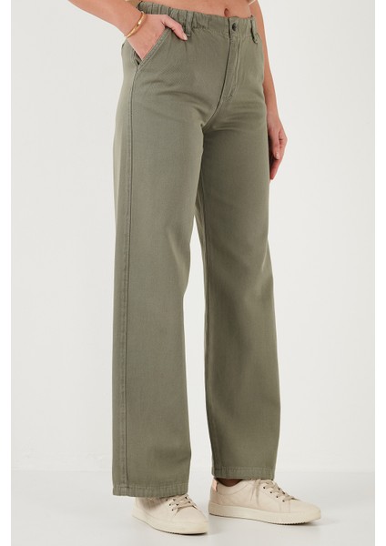 Pamuklu Standart Fit Yüksek Bel Geniş Paça Pantolon Bayan Pantolon 668YP5344