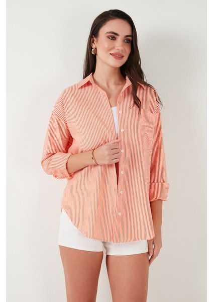 Regular Fit Uzun Kollu Cepli Çizgili Gömlek Kadın Gömlek 6772895 modelleri