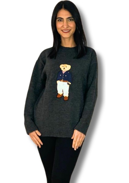 Kadın Teddy Bear Bisiklet Yaka Triko Kazak (Füme)