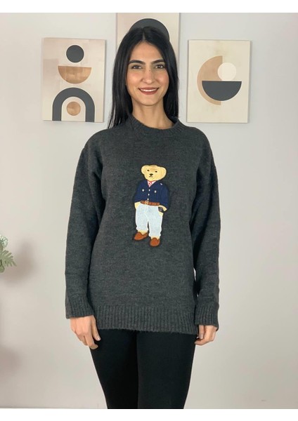 Kadın Teddy Bear Bisiklet Yaka Triko Kazak (Füme)