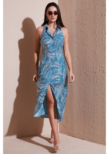 Desenli Slim Fit Düğmeli Midi Boy Gömlek Elbise Bayan Elbise 6772451