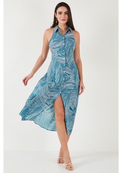 Desenli Slim Fit Düğmeli Midi Boy Gömlek Elbise Bayan Elbise 6772451 modelleri